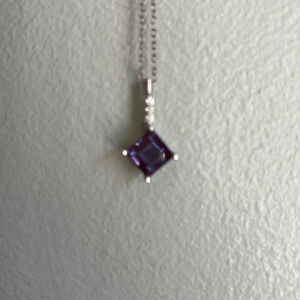 14k While gold and Lab Created Alexandrite with Diamonds Pendant